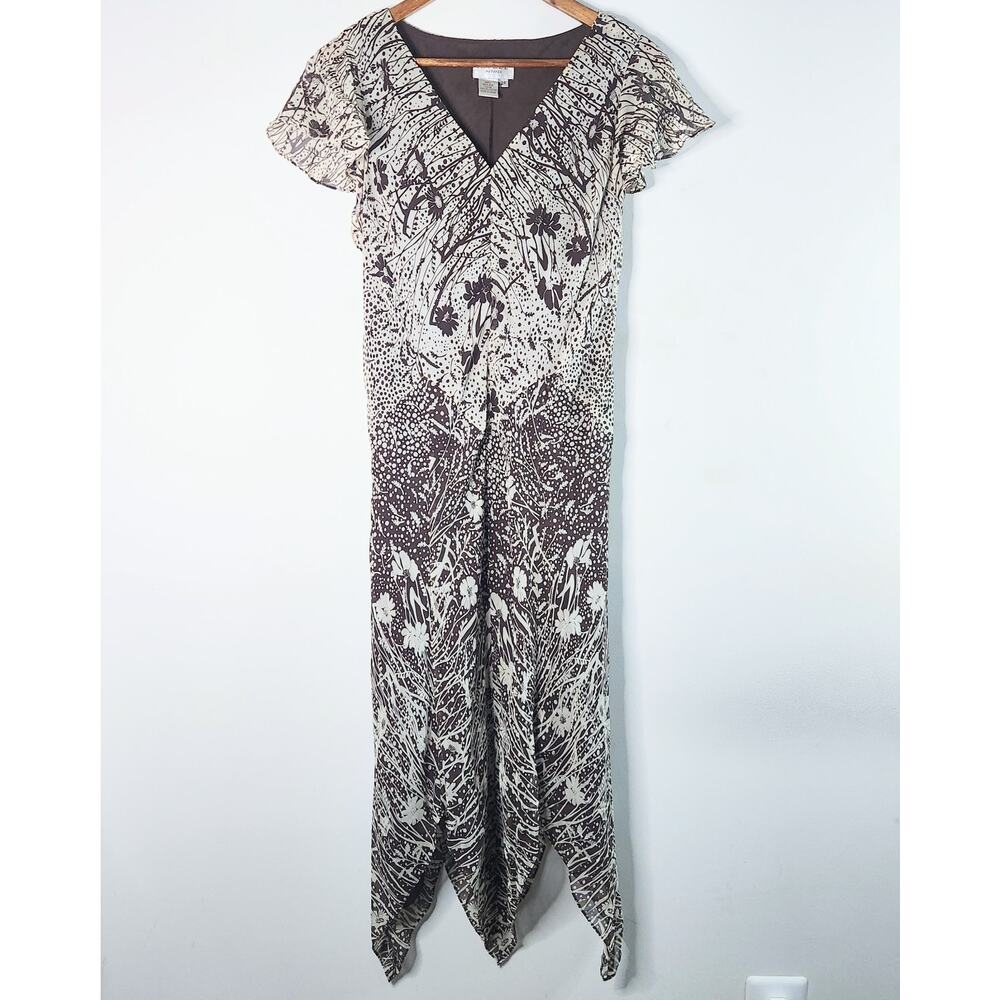 Papell Petites Vintage Silk Womens Brown Floral Y2K Dress Size 12 Petite Fairy